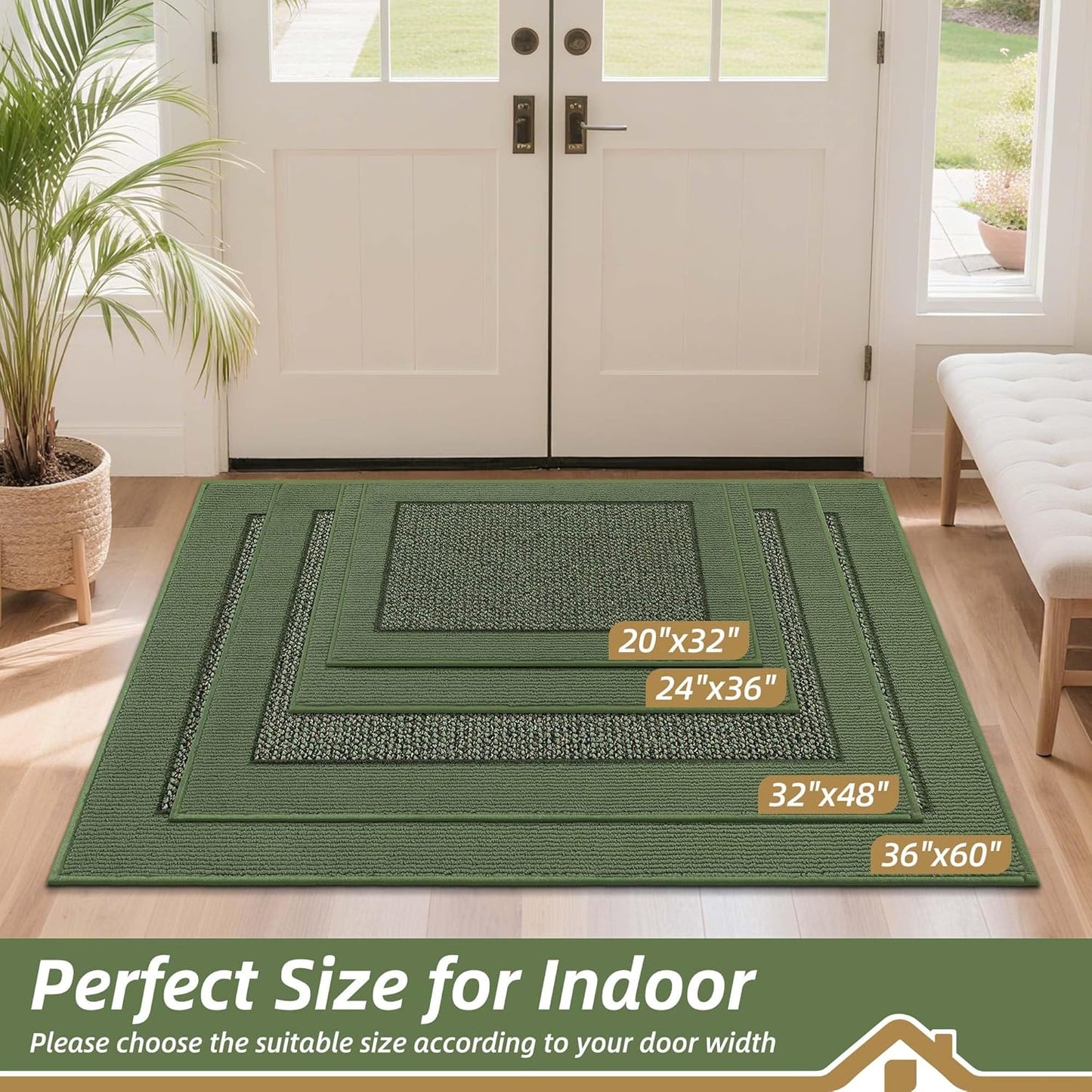 BEQHAUSE Indoor Door Mat 32" x 48", Dirt Trapper Door Mats Non-Slip Entryway Rugs Washable, Resist Dirt Absorbent Welcome Mat, Low Profile Floor Mats for Front Back Door and Entryway, Green