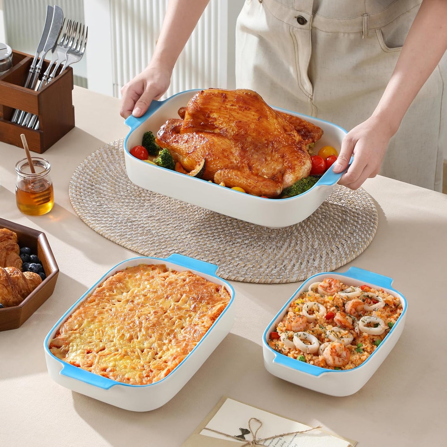 MALACASA Casserole Dishes for Oven, Ceramic Baking Dishes Set of 3, Rectangular Lasagna Pan Deep Baking Pans, Bakeware Sets with Handles Gift Set, White with Blue Trim(13.8''/11.7''/9.4''), Series BAKE