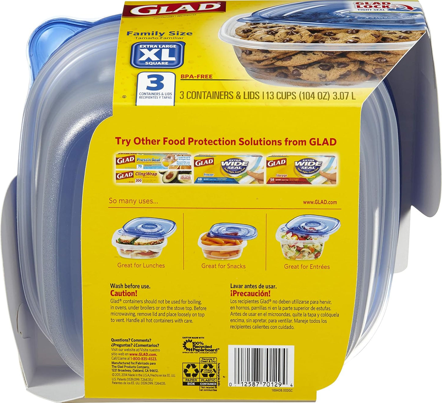 Glad Family Size Food Storage Containers, XL Square (104 Oz) - 3 Count, Standard