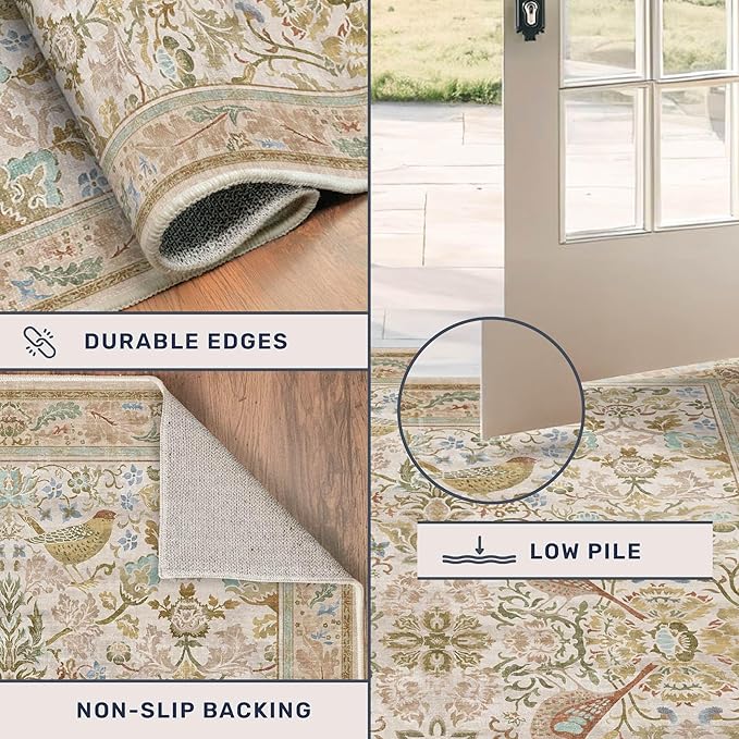 2'6"x8' Long Hallway Runner Rug - Vintage Botanical Wide Runners for Kitchen Bedroom Hall Way, Washable Non Slip with Rubber Backing, Beige Floral Décor