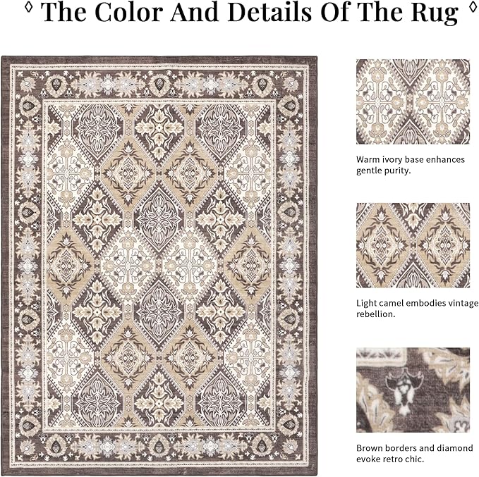 Area Rug for Living Room - Vintage Indoor Machine Washable Rug for Bedroom Dinning Room Floor - Soft Low-Pile Carpet Non-Slip Backing Floral Rugs for Office (Reddish Brown, 8' × 10')