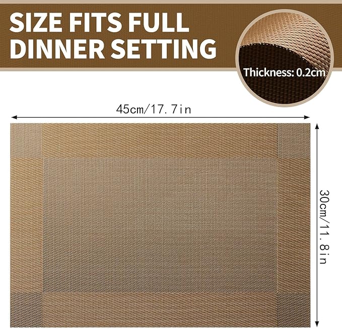 Brown Placemats Set of 12-Durable PVC Vinyl Woven Place Mats for Dining Table Heat Resistant Non-Slip Washable Indoor/Outdoor Table Mats 12 x 17 inch