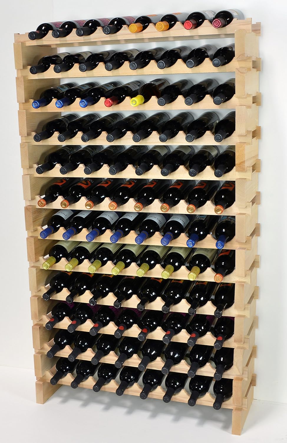 sfDisplay.com,LLC. Modular Wine Rack Beechwood 32-96 Bottle Capacity 8 Bottles Across up to 12 Rows Newest Improved Model (96 Bottles - 12 Rows)