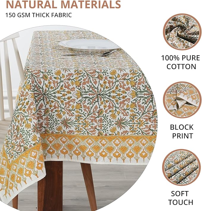 Ridhi Goldenrod Yellow Hand Block Print Cotton Rectangle Tablecloth 190 x 72 inches Reusable Table Cover Decorative Everyday Use for Dining Room, Farmhouse, Home, Party, Festive & Wedding, Fall