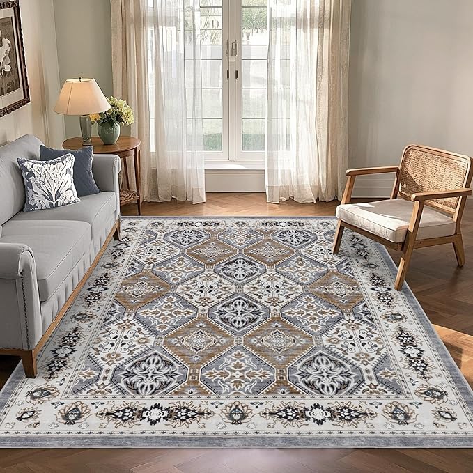 Area Rug for Living Room - Vintage Indoor Machine Washable Rug for Bedroom Dinning Room Floor - Soft Low-Pile Carpet Non-Slip Backing Floral Rugs for Office (Blue/Grey/Brown, 6' × 9')