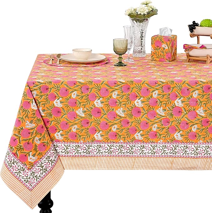 Ridhi Bubblegum Pink Hand Block Print Cotton Rectangle Tablecloth 120 x 60 inches Reusable Table Cover Decorative Everyday Use for Dining Room, Farmhouse, Home, Party, Festive & Wedding, Fall