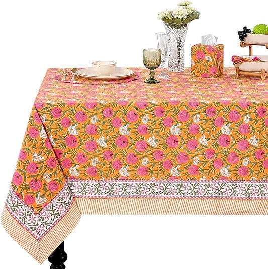 Ridhi Bubblegum Pink Hand Block Print Cotton Rectangle Tablecloth 120 x 60 inches Reusable Table Cover Decorative Everyday Use for Dining Room, Farmhouse, Home, Party, Festive & Wedding, Fall