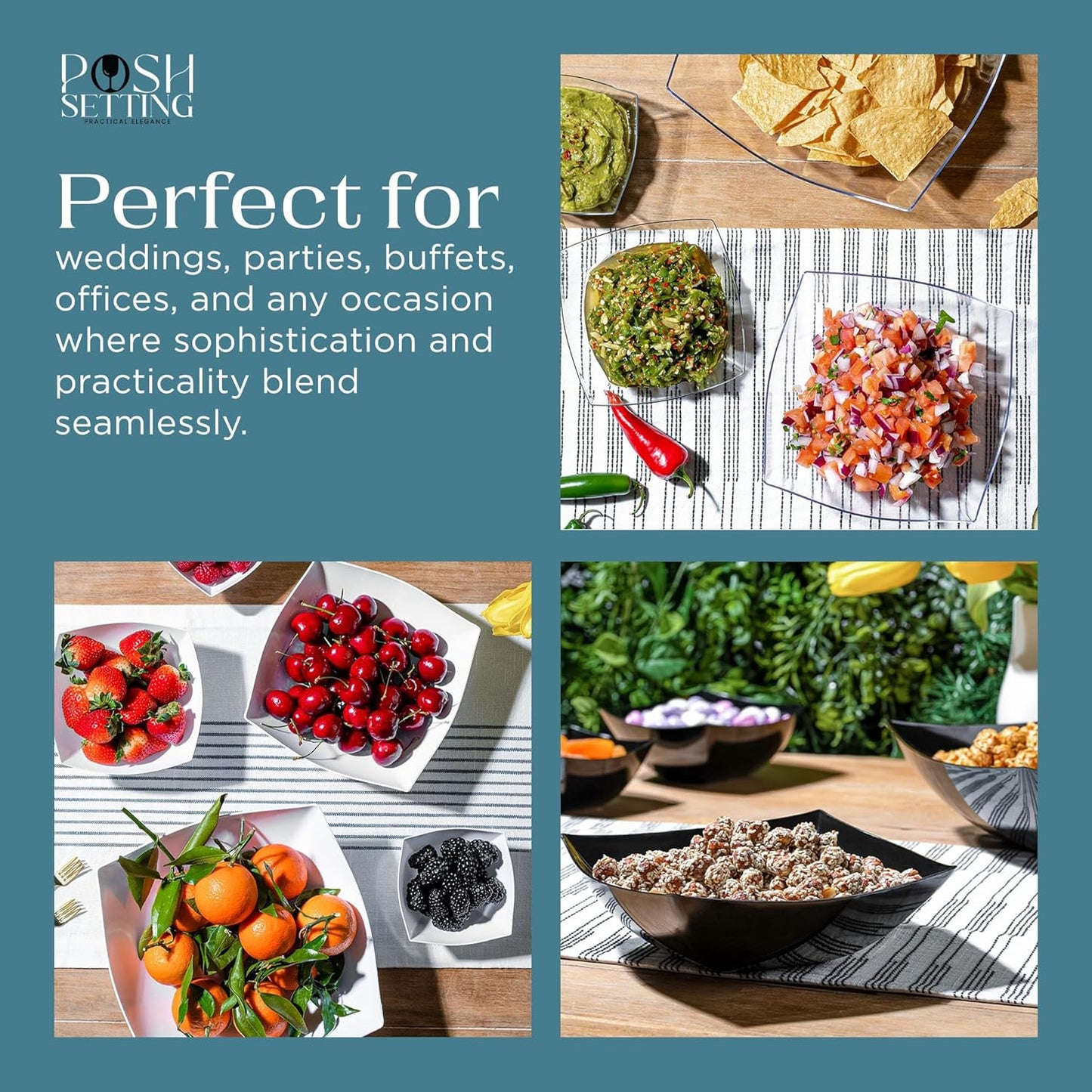 Posh Setting - Black Plastic Serving Bowls (16oz - 4 Pack) Square, Disposable, Salad & Fruit Bowls for Party Table, Candy Containers for Candy Buffet