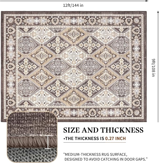 Area Rug for Living Room - Vintage Indoor Machine Washable Rug for Bedroom Dinning Room Floor - Soft Low-Pile Carpet Non-Slip Backing Floral Rugs for Office (Reddish Brown, 9' × 12')