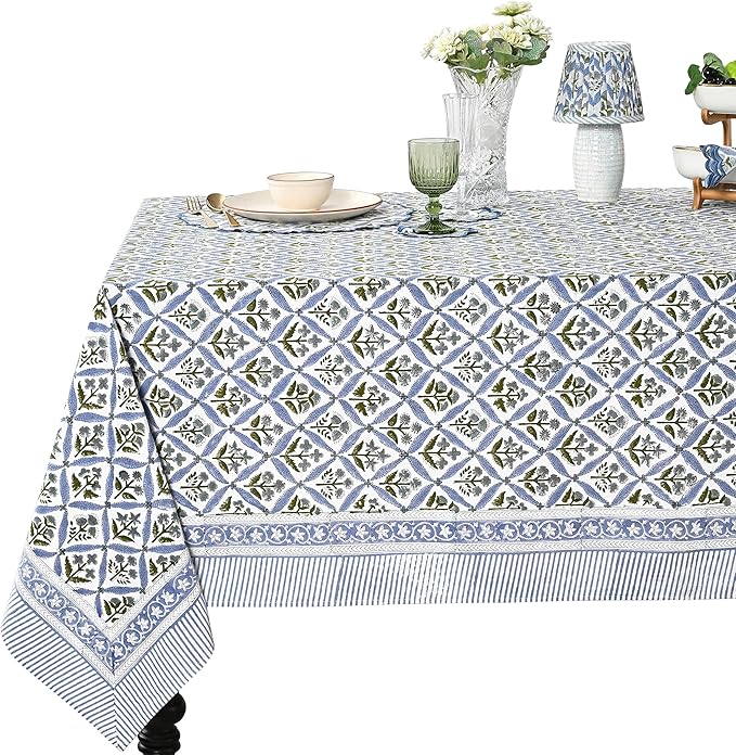 Ridhi Light Steel Blue Hand Block Print Cotton Rectangle Tablecloth 120 x 60 inch-Reusable Table Cover Decorative Everyday Use for Dining Room, Farmhouse, Thanksgiving, Christmas Wedding, Fall