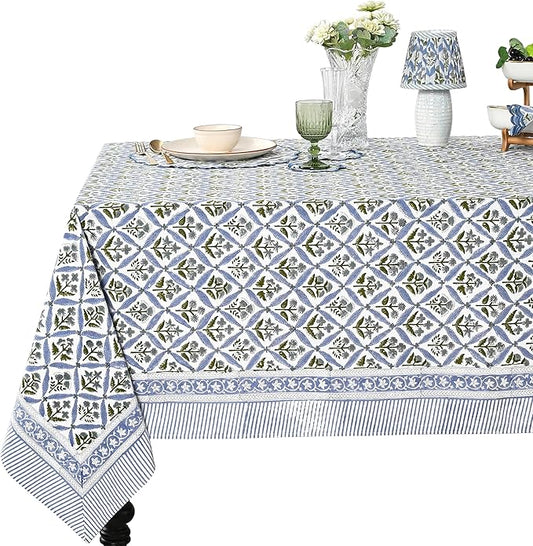 Ridhi Light Steel Blue Hand Block Print Cotton Rectangle Tablecloth 120 x 60 inch-Reusable Table Cover Decorative Everyday Use for Dining Room, Farmhouse, Thanksgiving, Christmas Wedding, Fall