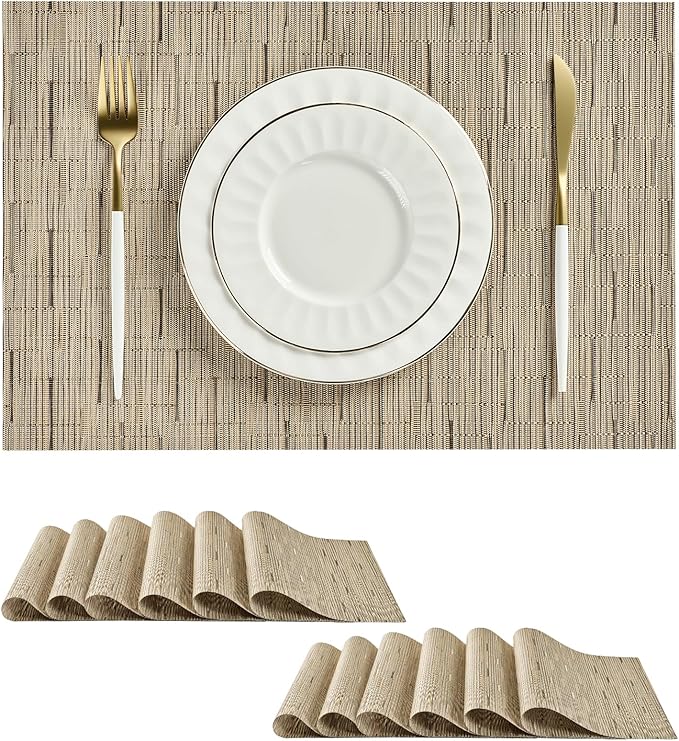 Leetaltree Light Brown Placemats Set of 12 - Heat Resistant Non-Slip Place mats for Dining Table, Washable Durable PVC Vinyl Woven Table Mats（Light Brown, 12）