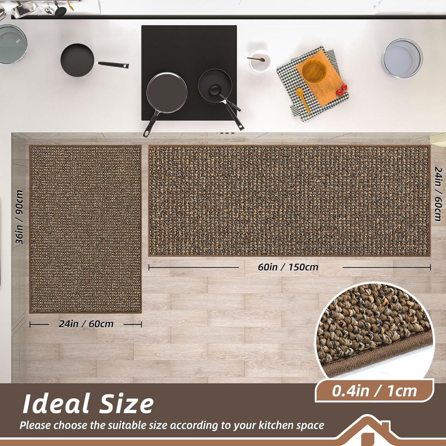 BEQHAUSE Kitchen Rugs and Mats 2PCS, Non-Slip Kitchen Mats for Floor, Absorbent and Stain Resistant Kitchen Runner, Machine Washable Rugs for Kitchen, Laundry & Sink, 24"x36"+24"x60", Brown