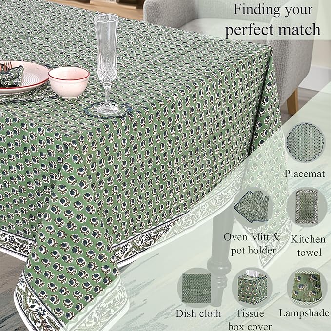 Ridhi Basil Green Hand Block Print Cotton Rectangle Tablecloth 118 x 70 inches Reusable Table Cover Decorative Everyday Use for Dining Room, Farmhouse, Home, Party, Festive & Wedding, Fall