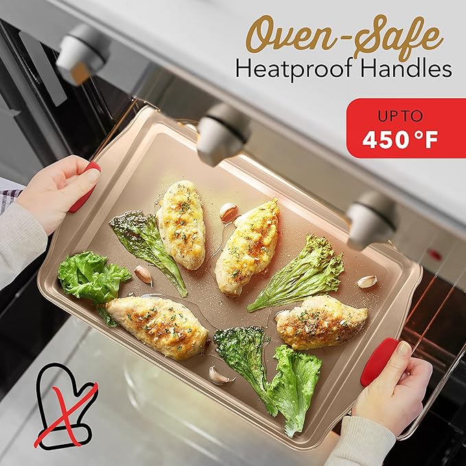 Baking Sheet Set, 3-Piece Cookie Sheet Set with Silicone Handles, Steel Baking Pans Set, Durable Baking Sheets for Oven, BPA Free Cookie Sheets for Baking Nonstick Set, Sheet Pan - Bronze Baking Pan