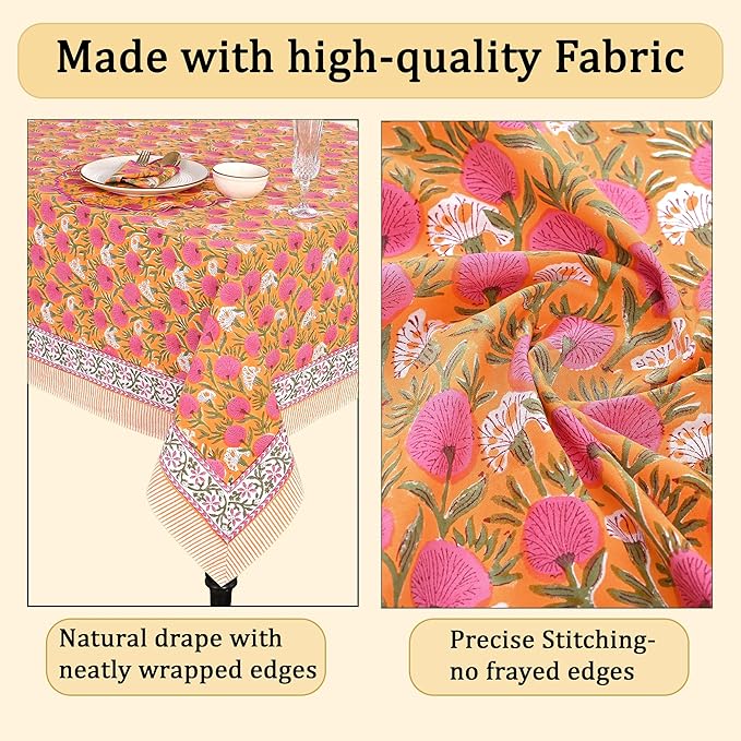 Ridhi -Bubblegum Pink Cotton Tablecloth, Handblock Print Floral Table Cloth for Kitchen Dining Linen I Thanksgiving, Christmas, Wedding, Fall Décor 16 Seater 72X190 Inches Rectangle