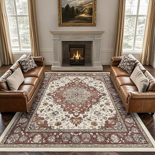 Area Rug for Living Room - Vintage Indoor Machine Washable Rug for Bedroom Dinning Room Floor - Soft Low-Pile Carpet Non-Slip Backing Floral Rugs for Office (Brick/Ivory, 8' × 10')