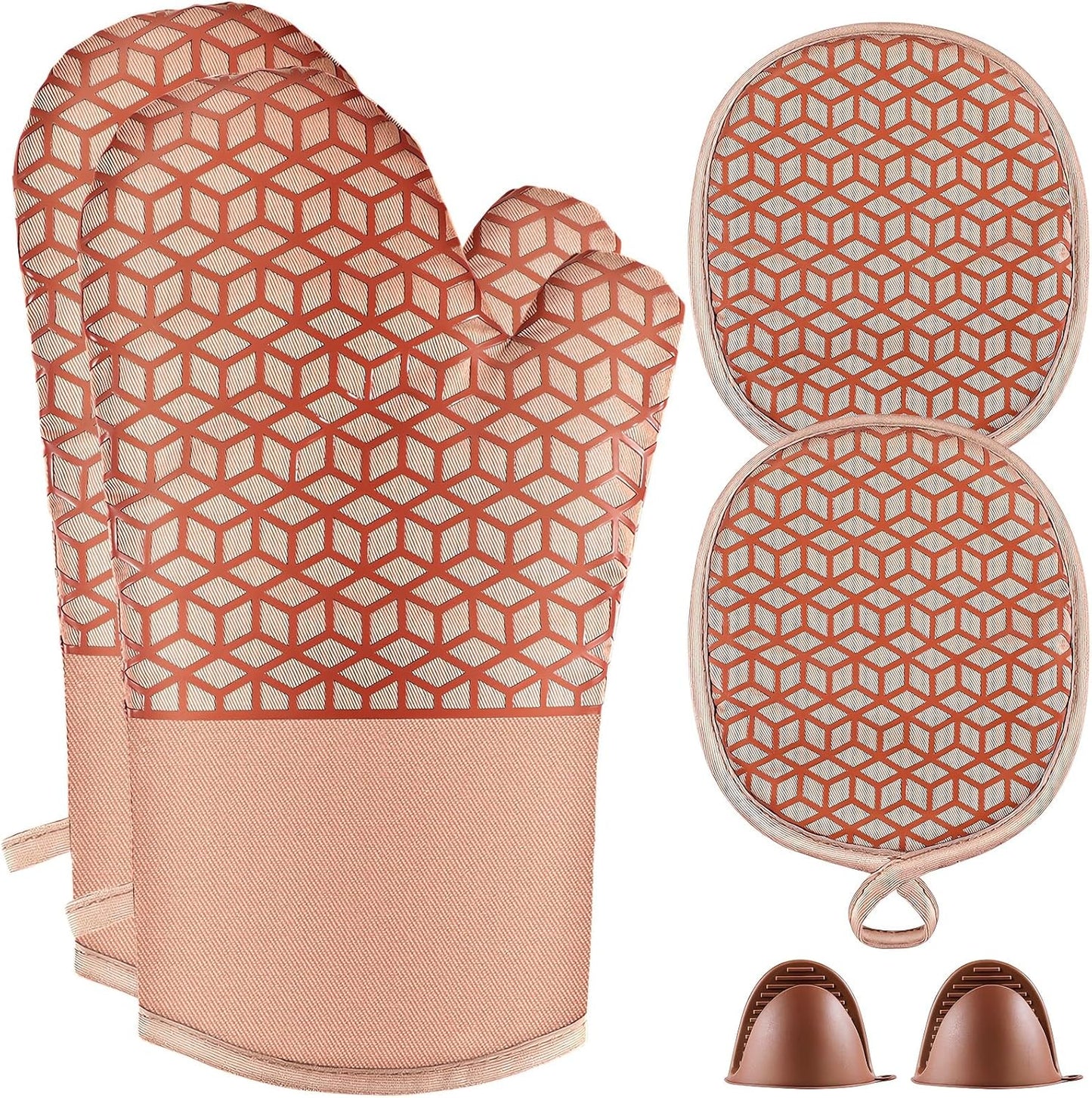 Oven Mitts And Pot Holders Set 6Pcs,Kitchen Oven Glove,High Heat Resistant 500°F Large Size Oven Mits And Potholders With Soft Cotton Lining And Non-Slip Silicone Surface For Cooking (Brown)