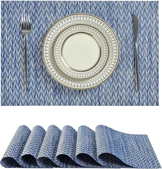 Leetaltree Blue Placemats Set of 6- Heat Resistant Non-Slip Place mats for Dining Table, Washable Durable PVC Vinyl Woven Table Mats（Blue Zigzag, 6）