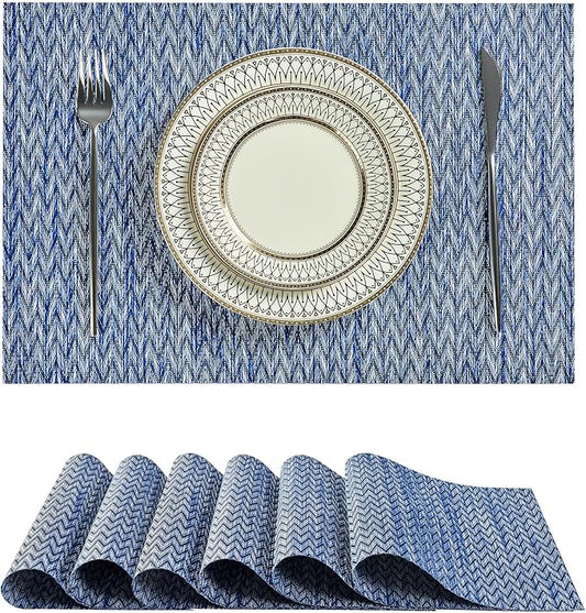 Leetaltree Blue Placemats Set of 6- Heat Resistant Non-Slip Place mats for Dining Table, Washable Durable PVC Vinyl Woven Table Mats（Blue Zigzag, 6）