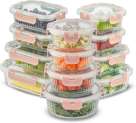 JoyJolt 24pc Borosilicate Glass Storage Containers with Lids | 12 Airtight/Freezer Safe Food Storage Containers for Pantry and Kitchen | Meal Prep Container for Lunch | Glass Tupperware Set