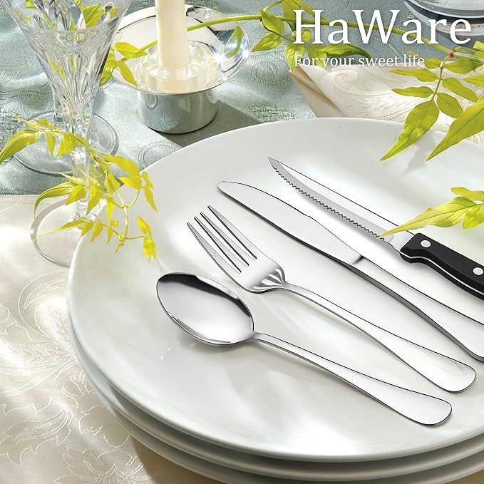 HaWare 48-Piece Silverware Set with Steak Knives, Stainless Steel Flatware Set for 8, Mirror Polished Cutlery Tableware Set, Eating Utensils Include Knife Fork Spoon for Home Kitchen, Dishwasher Safe