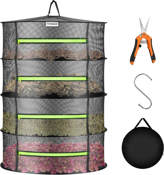 VIVOSUN 4-Layer Mesh Drying Rack Hanging Design with Green Zippers for Dehydrating, Indoor and Outdoor Pruning Shears Included