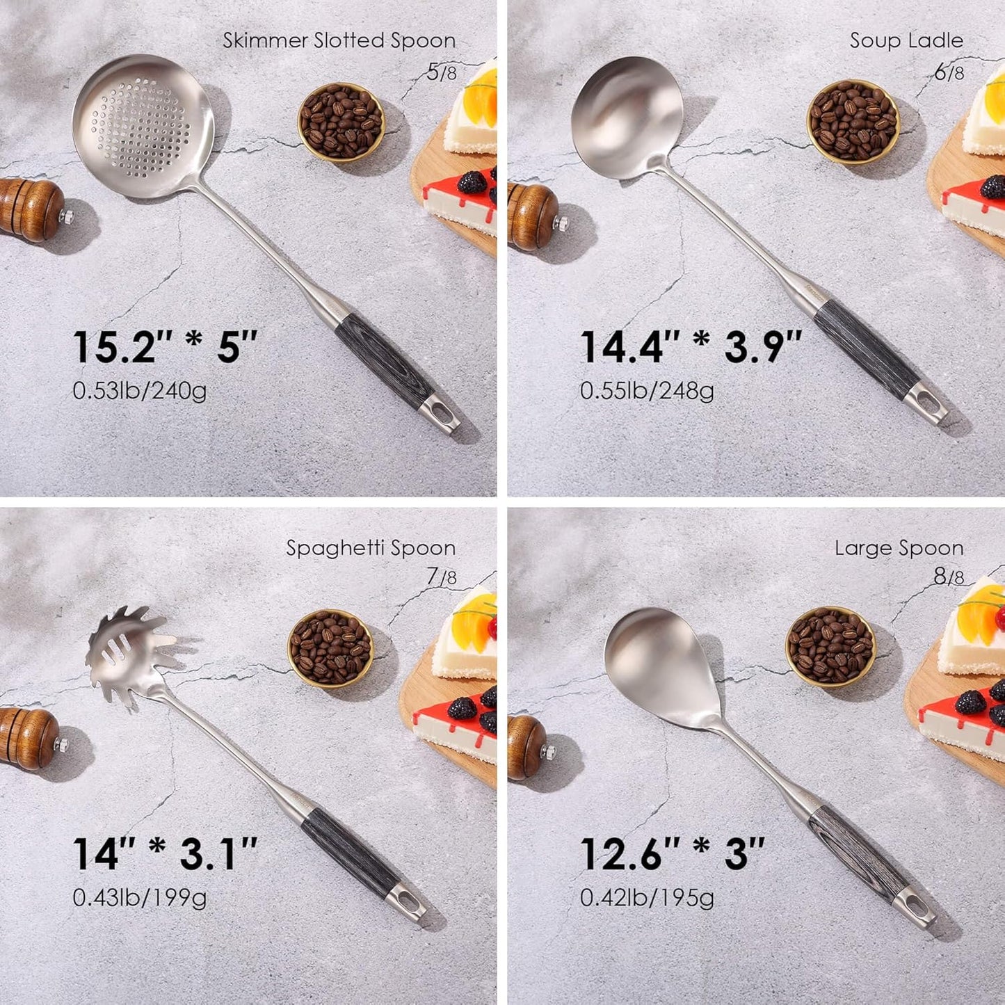 18/10 Stainless Steel Kitchen Utensils Set with Wooden Handle, 8Pcs 15” Long Cooking Utensil Set & Kitchen Gadgets Cookware Set, Serving Utensils-Spatula, Turner, Pasta, Serving Spoon, Skimmer, Ladle