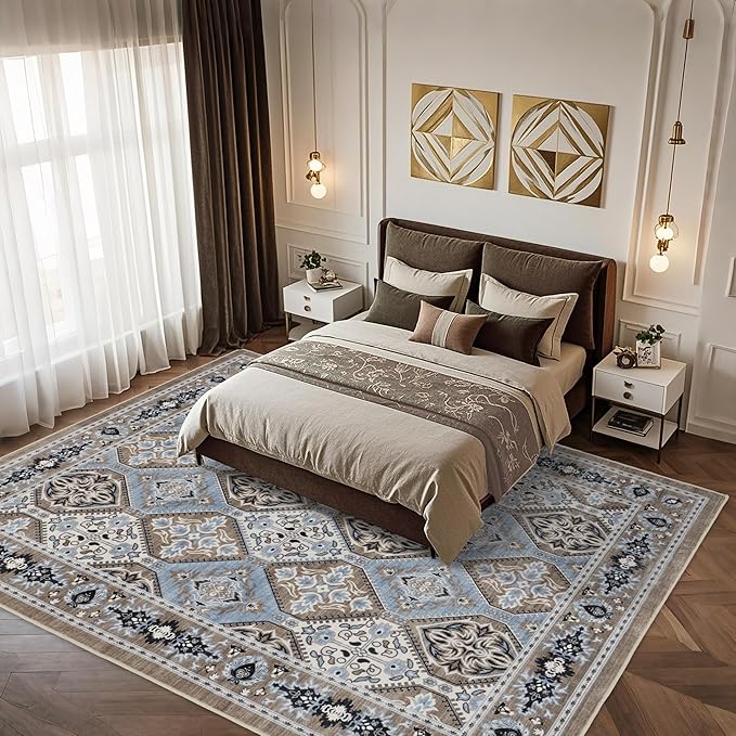 Area Rug for Living Room - Indoor Machine Washable Vintage Rugs for Bedroom Dinning Room Floor Carpet Non-Slip Backing Rugs Floral Soft Low-Pile Office Rug (Blue/Brown, 8' × 10')