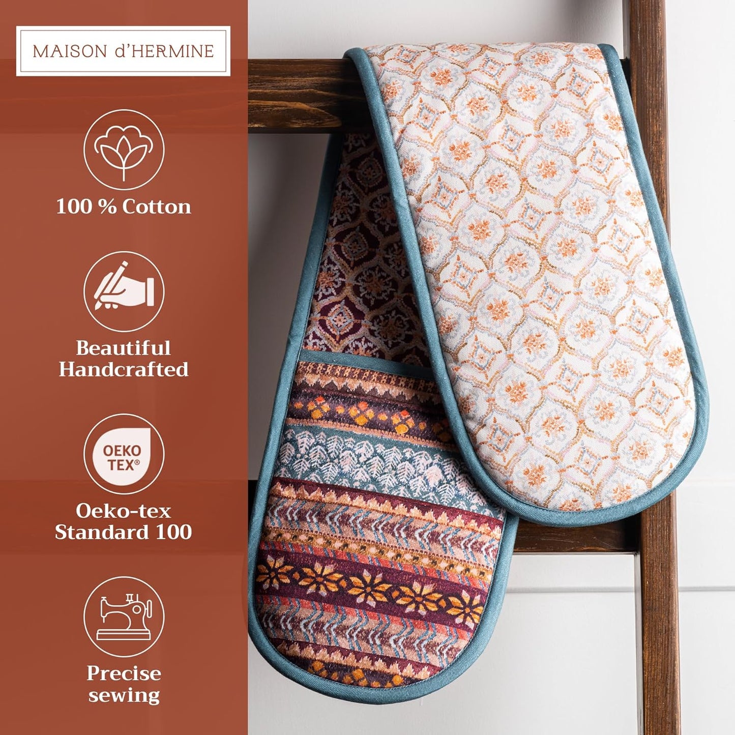 Maison d' Hermine Double Oven Mitt 100% Cotton Heat Resistant Cooking Gloves with Loop, Baking Barbeque, Handling Hot Pan, Fair Isle - Thanksgiving/Christmas (7 Inch x 35 Inch)