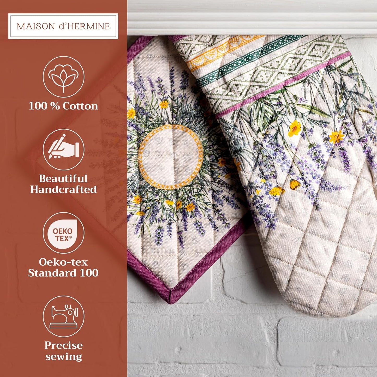 Maison d' Hermine 100% Cotton Oven Mitt & Pot Holder Set (7.5"x13" & 8"x8") Heat Resistant BBQ Cooking Gloves with Loop, Baking, Grilling, Kitchen, Handling Hot Pans Spring/Summer (Fanny Lavender)