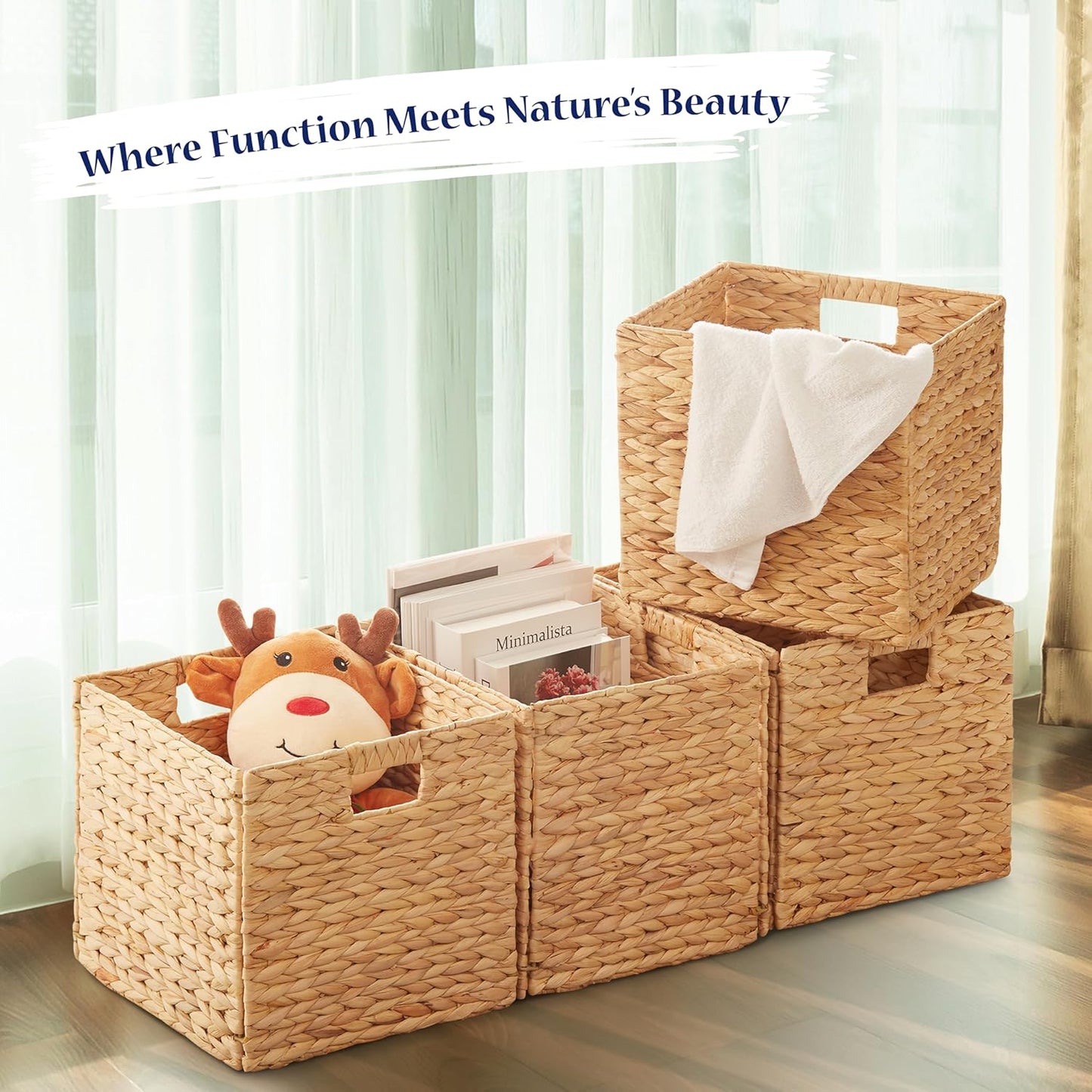 BLUEWEST Water Hyacinth Storage Basket (Set of 4) Woven Hyacinth Storage Basket, Laundry Water Hyacinth Bin for Organizing with Carrying Handles, Rattan for Shelves