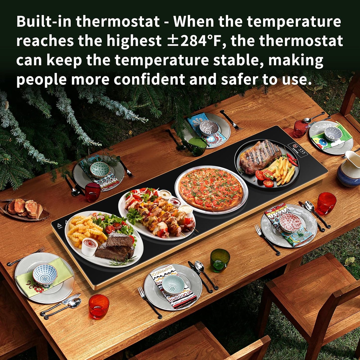 Electric Warming Tray（Extra Long 40”x12”），Food Warmer with Thermostat and Full Surface Heating，Food Warming Mat with 2 Temperature Modes for Parties Buffet，Gatherings，Gold Edge Warming Mat for Food