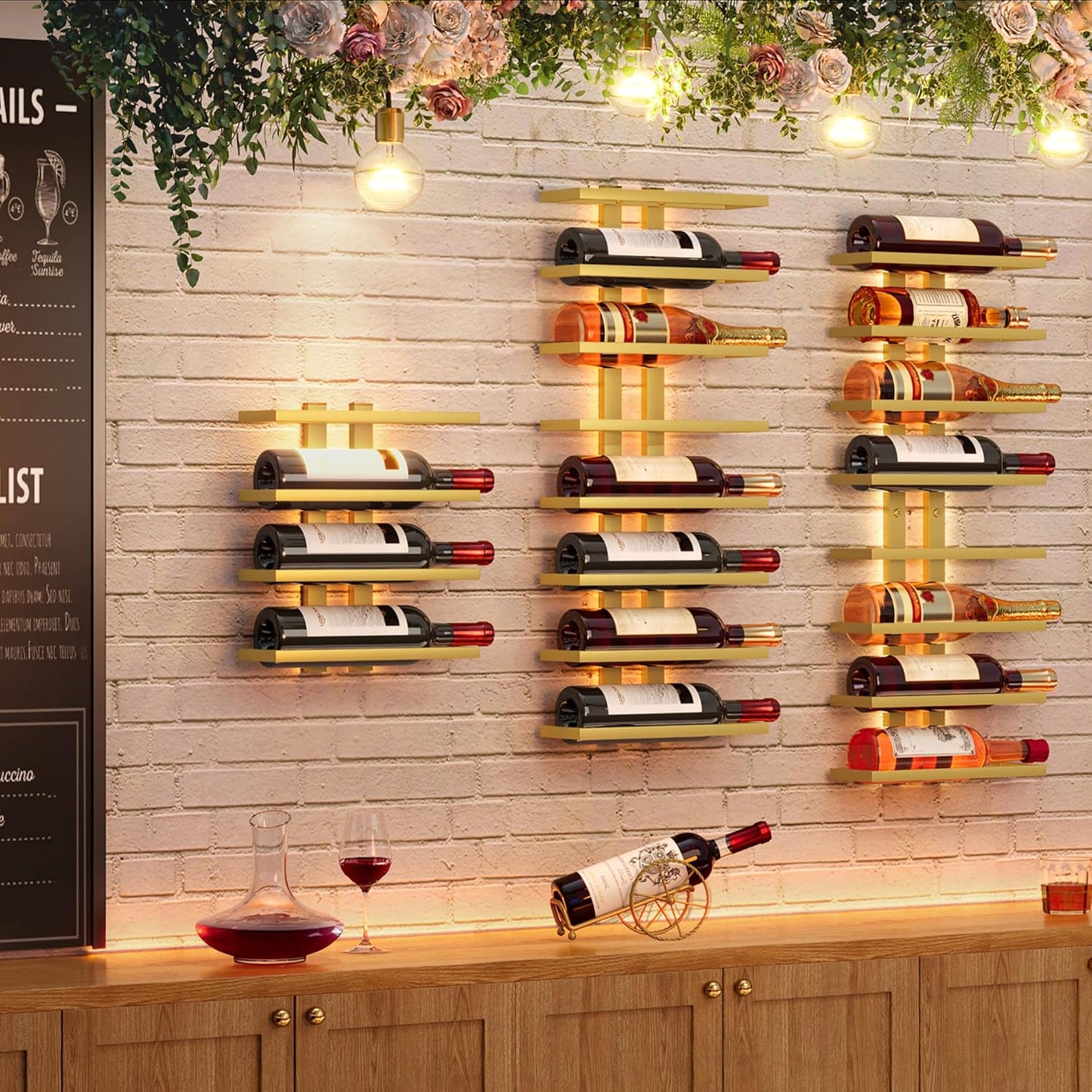 Hoctieon 2-Set 8 Tier Wall Mount Wine Rack (16 Tiers), Wall Racks for Wine Bottles Display and Storage, Hanging Bottle Organizer for Living Room, Dining Room, Wine Cellar, Bar, Gold