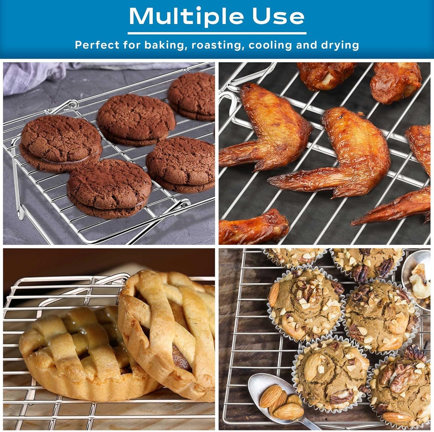 15IN x 10IN Cooling Baking Rack Set of 4, Leonyo 4-Tier Stackable Stainless Steel Wire Baking Cooking Racks Set for Cookie, Pizza, Cup Cake, Raised & Folding Feet