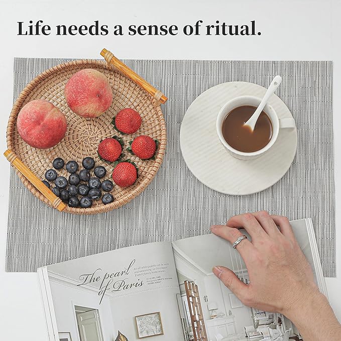 Leetaltree Silver Placemats Set of 6 - Heat Resistant Non-Slip Place mats for Dining Table, Washable Durable PVC Vinyl Woven Table Mats（Silver, 6）