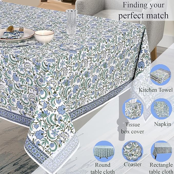 Ridhi Columbia Blue Hand Block Print Cotton Rectangle Tablecloth 118 x 70 inches Reusable Table Cover Decorative Everyday Use for Dining Room, Farmhouse, Home, Party, Festive & Wedding, Fall