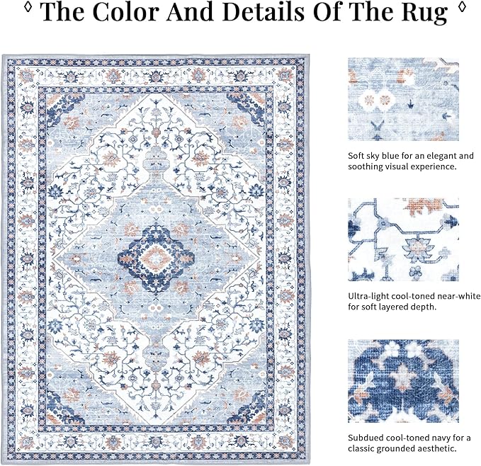 Area Rug for Living Room - Vintage Indoor Machine Washable Rug for Bedroom Dinning Room Floor - Soft Low-Pile Carpet Non-Slip Backing Floral Rugs for Office (Blue/White, 5' × 7')