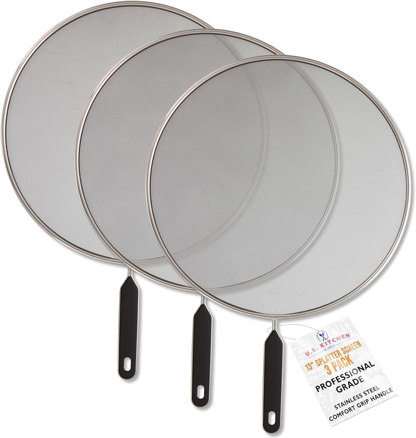 U.S. Kitchen Supply 3-Piece Stainless Steel Splatter Guard Set 13" Fine Mesh Cover, Grease & Oil, Splatter Screen for Frying Pan, Cooking Pots, with Comfort Grip Handles