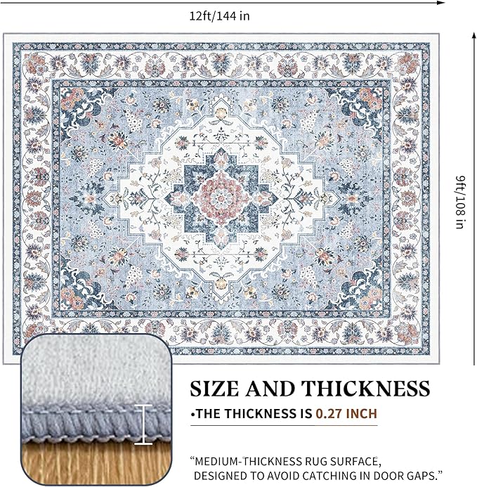 Area Rug for Living Room - Vintage Indoor Machine Washable Rug for Bedroom Dinning Room Floor - Soft Low-Pile Carpet Non-Slip Backing Floral Rugs for Office (Blue White, 9' × 12')