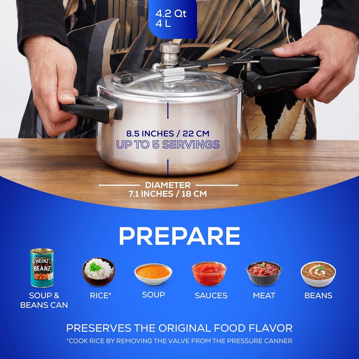 Universal (4.2 Quart / 4 Liter) Pressure Cooker, 5 Servings, Aluminum Pressure Cooker With Multiple Safety Systems and Heat Resistant Handles For Stews, Soup, Meat, and Beans