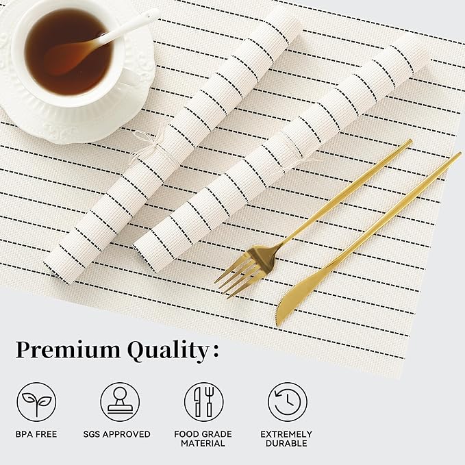Leetaltree White with Black Stripes Placemats Set of 8 - Heat Resistant Non-Slip Place mats for Dining Table, Washable Durable PVC Vinyl Woven Table Mats（White Stripes, 8）