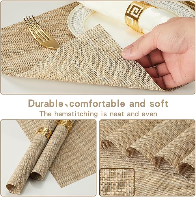 Beige Placemats Set of 8-Durable PVC Vinyl Woven Place Mats for Dining Table Heat Resistant Non-Slip Washable Indoor/Outdoor Table Mats 12 * 17 inch