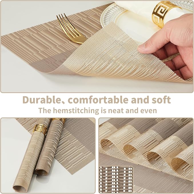 Champagne Modern Placemats Set of 6-Durable PVC Table placemats,Vinyl Woven Place Mats for Dining Table Heat Resistant Non-Slip Washable Indoor/Outdoor Table Mats 12 * 17 inch