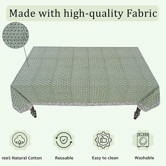 Ridhi Basil Green 72 x 190 Inches Rectangular Cotton Washable Tablecloth, Hand Block Print Floral, for Kitchen, Dining, Spring, Easter, Wedding, Birthday, Bridal