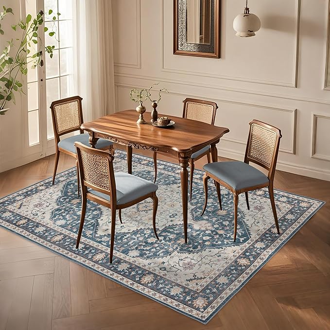 Area Rug for Living Room - Vintage Indoor Machine Washable Rug for Bedroom Dinning Room Floor - Soft Low-Pile Carpet Non-Slip Backing Floral Rugs for Office (Blue/Cream, 5' × 7')