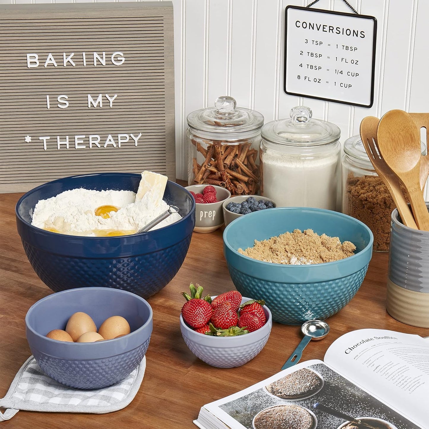 TTU Tabletops Gallery Hobnail Style 4 Piece Blue Storm Stoneware Nesting Mixing Bowl Set for Baking and Cooking