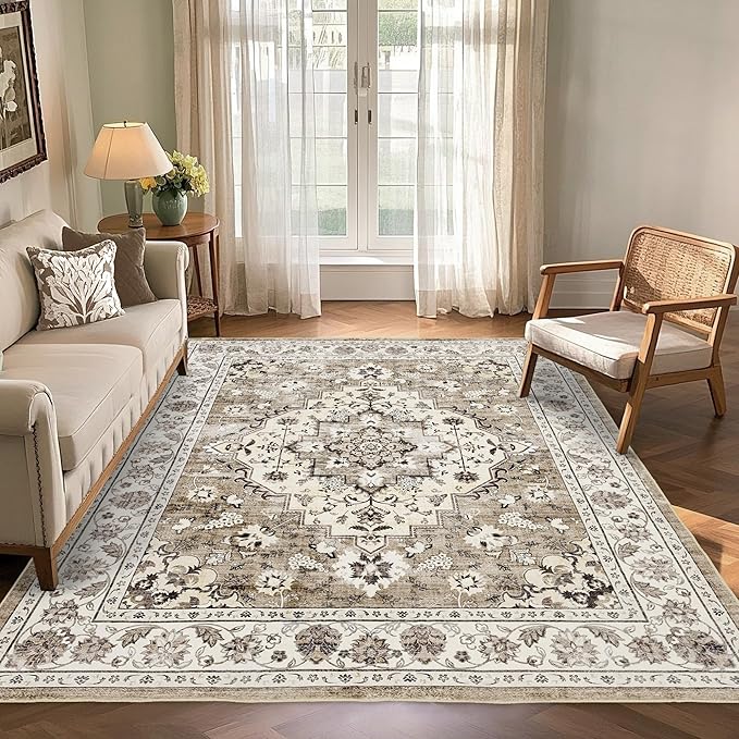 Area Rug for Living Room - Vintage Indoor Machine Washable Rug for Bedroom Dinning Room Floor - Soft Low-Pile Carpet Non-Slip Backing Floral Rugs for Office (Ivory/Beige, 6' × 9')