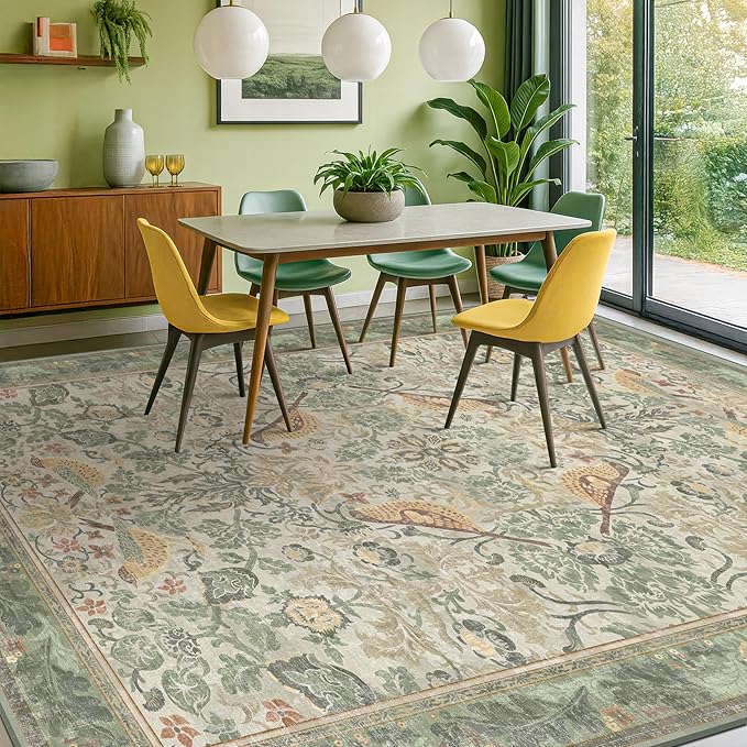 Botanical Sage Rug for Living Room - Washable 10x12 Area Rug for Dining Room Under Table, Extra Large Bedroom - Boho Bird Farmhouse Light Green Decor, Soft Low PileNon-Slip & Stain Resistance