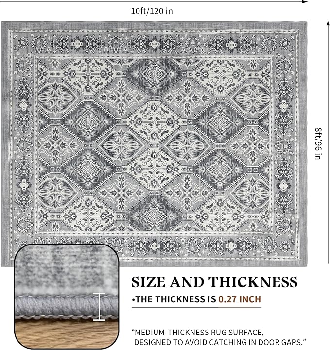 Area Rug for Living Room - Vintage Indoor Machine Washable Rug for Bedroom Dinning Room Floor - Soft Low-Pile Carpet Non-Slip Backing Floral Rugs for Office (Grey, 8' × 10')